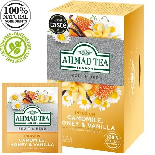 Vaisių ir žolelių arbata AHMAD Camomile Honey & Vanilla, 20 arbatos pakelių x 2 g, vokeliuose