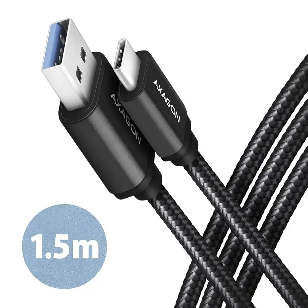 Axagon Duomenų perdavimo ir įkrovimo USB 3.2 Gen1 kabelis, ilgis 1,5 m. 3A. Juodos spalvos pintas.