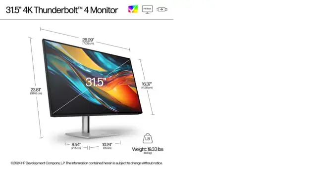 HP Series 7 Pro 31.5 inch 4K Thunderbolt 4 Monitor - 732pk, 80 cm (31.5"), 3840 x 2160 pixels, 4K Ultra HD, 5 ms, Black, Silver