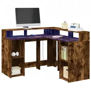 Rašomasis stalas su LED, dūminio ąžuolo, 130x130x91cm, mediena