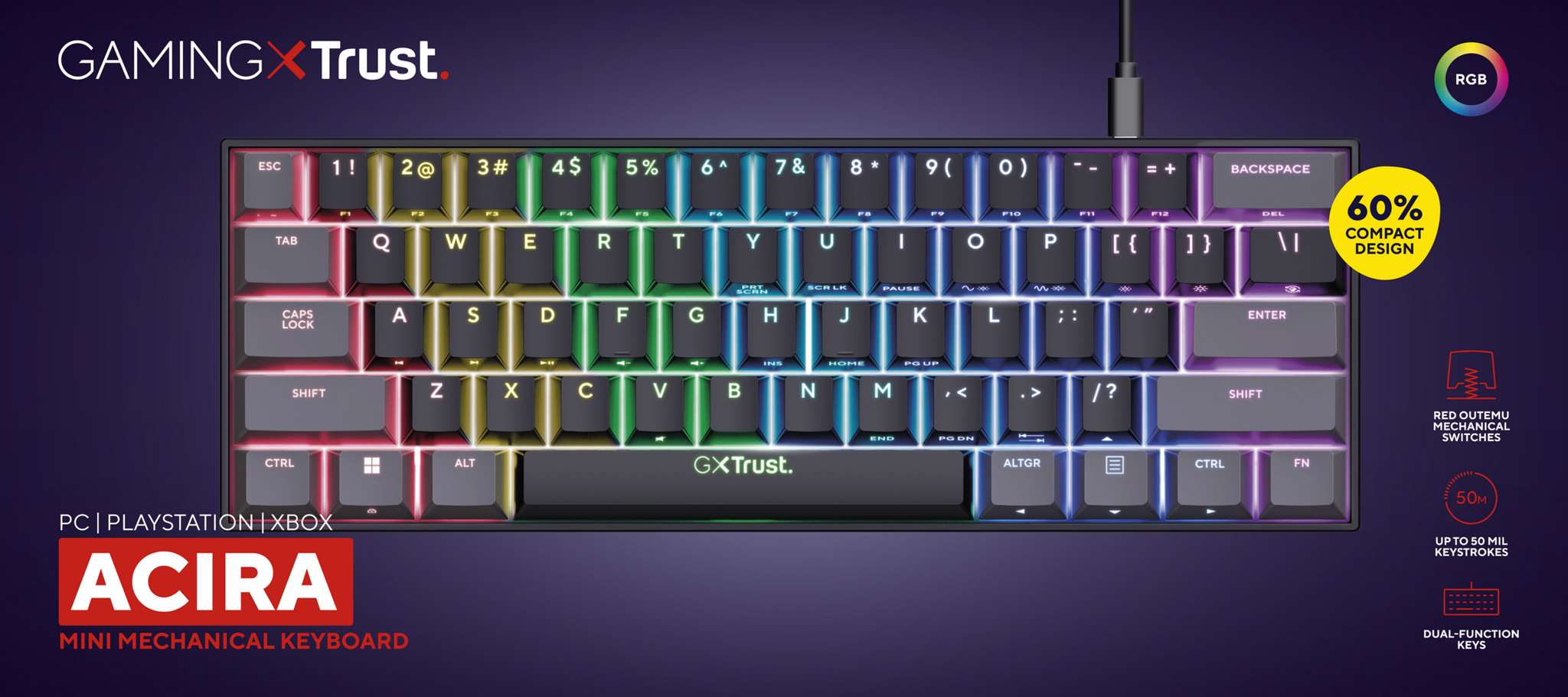 Trust GXT 867 Acira, 60%, Wired, USB, Mechanical, QWERTY, Black