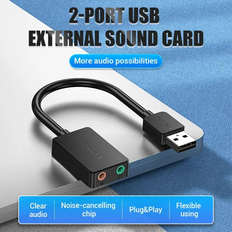 "Vention" 2 prievadų USB išorinė garso kortelė 0,15M juoda, 2,1 kanalo, 16 bitų, USB