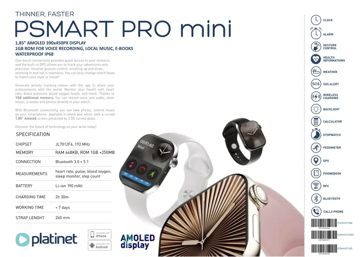 Platinet smartwatch PSMART PRO mini PSMART10B, black (46206)
