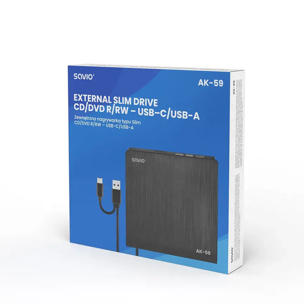 Ārējais diskdzinis Savio External Slim drive CD|DVD R| RW – USB-C| USB-A