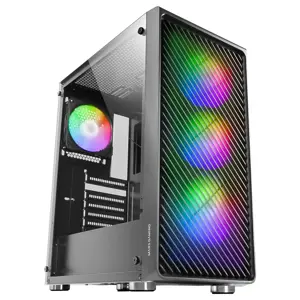 Mars Gaming MC-F Black, ATX Gaming Semitower, Full Tempered Glass Window, Metal-Mesh Front, 4x 120m…