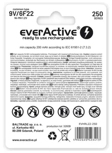 Įkraunamos baterijos everActive Ni-MH 6F22 9V 250 mAh Silver Line