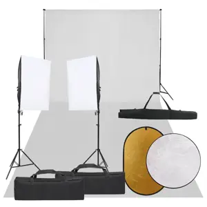 Fotostudijos rinkinys su šviestuvais, fonu ir reflektoriumi