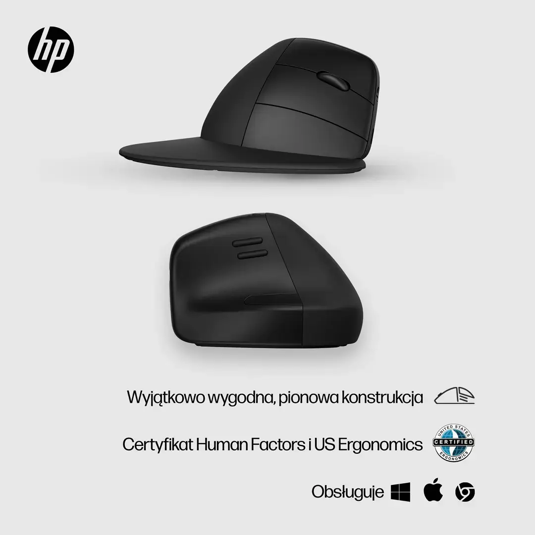 HP 920 ergonomiška belaidė pelė, dešinioji ranka, vertikali konstrukcija, "Bluetooth" + A tipo USB, 4000 DPI, juoda