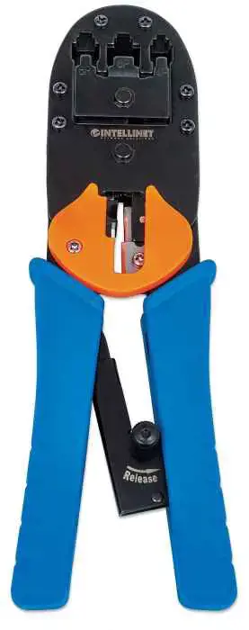 INTELLINET universalus modulinių kištukų užspaudimo įrankis, skirtas RJ45 RJ12 ir RJ11 Pjauna ir nukerpa apvalius ir plokščius kabelius