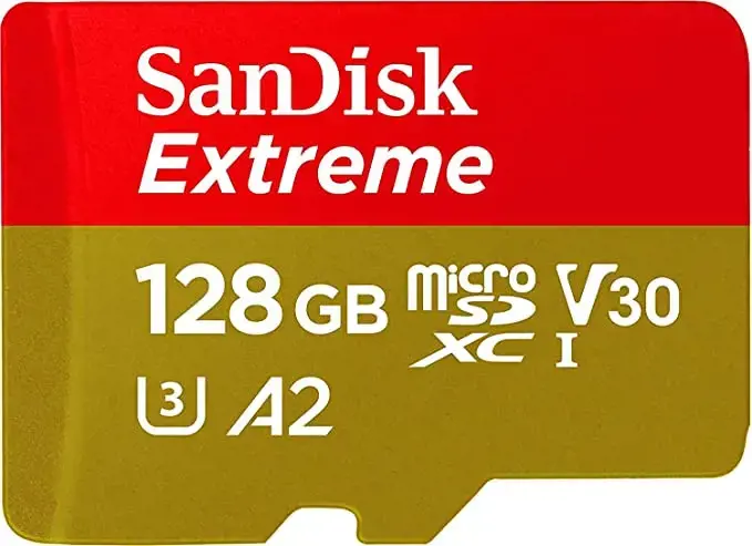 "SanDisk Extreme microSDXC" 128GB veiksmo kameroms ir dronams + SD adapteris + 1 metų "RescuePRO Deluxe" iki 190MB/s ir 90MB/s skaitymo/rašymo greitis A2 C10 V30 UHS-I U3; EAN:619659189488