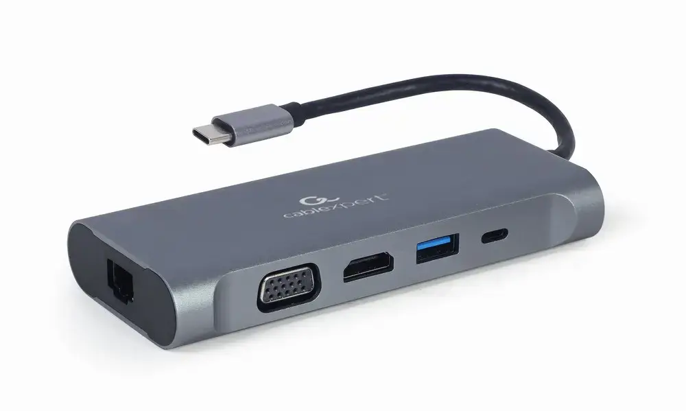 GEMBIRD A-CM-COMBO7-01 kelių prievadų adapteris USB C tipo Hub3.0 HDMI VGA PD kortelių skaitytuvas stereofoninis garsas erdvinis pilkas