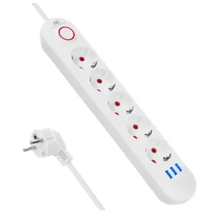 Maclean power strip, 5 socket extension + 3xUSB, 110-240V AC 50/60Hz, 2.1A max 2500W, 1.5m, white, …