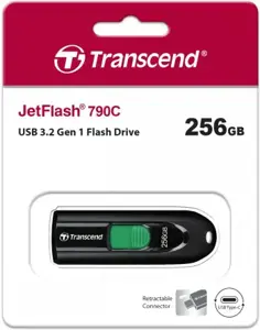 TRANSCEND 256GB USB3.2 rašiklinis diskas C tipo be dangtelio, juodas