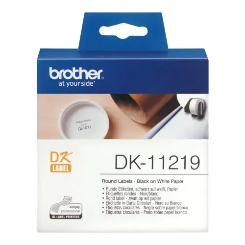 Brother DK-11219 Apvalios etiketės, baltos, DK, 1,2 cm, 1200 vnt.