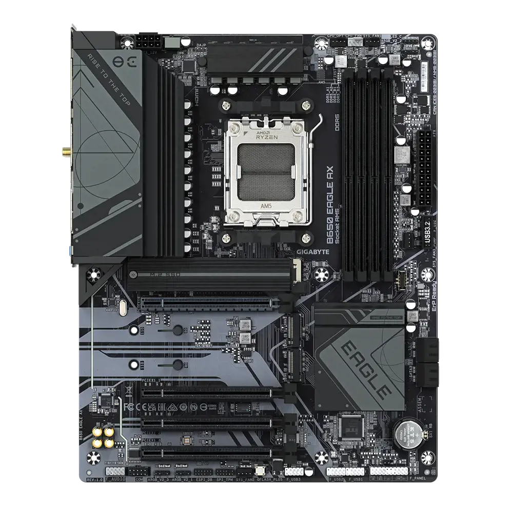 GIGABYTE B650 EAGLE AX Motherboard - Supports AMD Ryzen 7000 CPUs, 12+2+2 Phases Digital VRM, up to 7600MHz DDR5 (OC), 1xPCIe 5.0 + 2xPCIe 4.0 M.2, Wi-Fi 6E 802.11ax, GbE LAN, USB 3.2 Gen2, AMD, Socket AM5, AMD Ryzen™ 5, AMD Ryzen 7 7th Gen, AMD Ryzen 9 7th Gen, Socket AM5, 192 GB, DDR5-SDRAM
