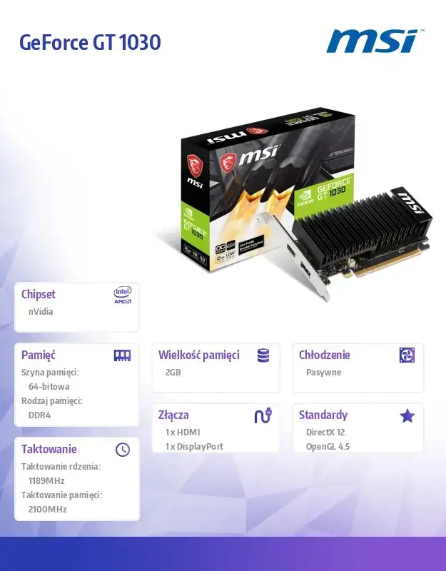 Vaizdo plokštė MSI GeForce GT 1030 2 GB, GDDR4, 64 bitai, V809-2825R