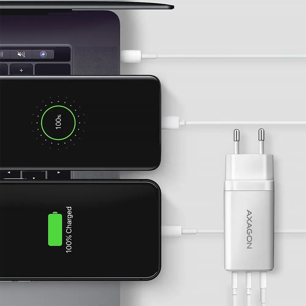 AXAGON ACU-DPQ65W GaN Wall charger, 3x port (USB + dual USB-C), PD3.0/QC4+/PPS/Apple, 65W, white