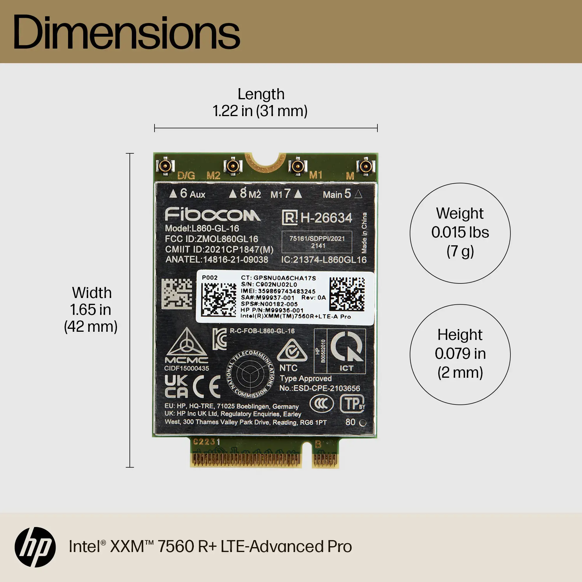 HP XMM 7560 R+ LTE-Advanced Pro WWAN, 42 mm, 31 mm, 2 mm, 7 g, 232 mm, 148 mm