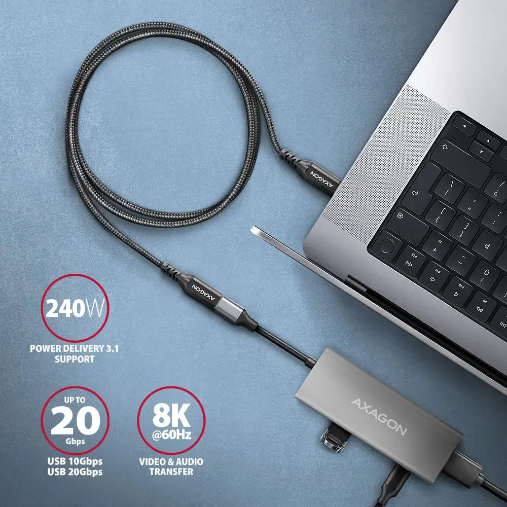 Extension USB 20Gbps cable length 0.5 m. PD 240W, 5A, 8K HD video. Black braided.