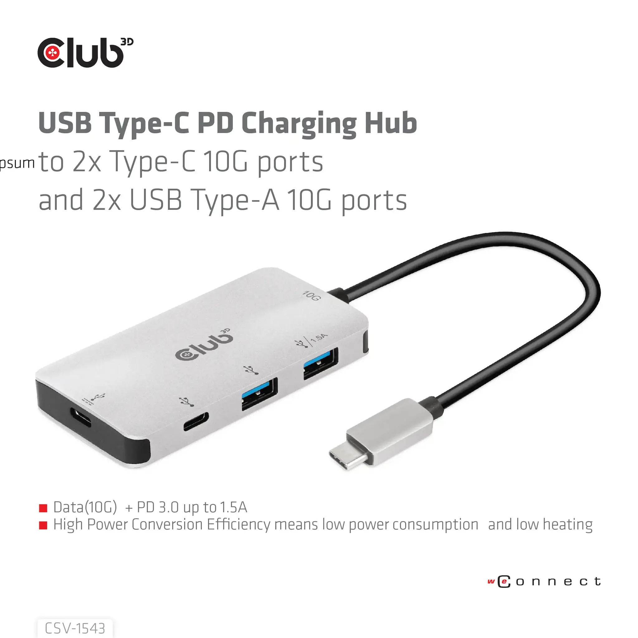 CLUB3D USB Gen2 Type-C PD Charging Hub to 2x Type-C 10G ports and 2x USB Type-A 10G ports, USB 3.2 Gen 2 (3.1 Gen 2) Type-C, USB 3.2 Gen 2 (3.1 Gen 2) Type-A, USB 3.2 Gen 2 (3.1 Gen 2) Type-C, 10000 Mbit/s, Black, Silver, 100 W, Round cable