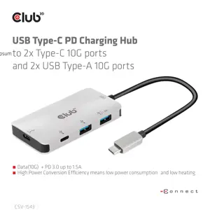 CLUB3D USB Gen2 Type-C PD Charging Hub to 2x Type-C 10G ports and 2x USB Type-A 10G ports, USB 3.2 Gen 2 (3.1 Gen 2) Type-C, USB 3.2 Gen 2 (3.1 Gen 2) Type-A, USB 3.2 Gen 2 (3.1 Gen 2) Type-C, 10000 Mbit/s, Black, Silver, 100 W, Round cable