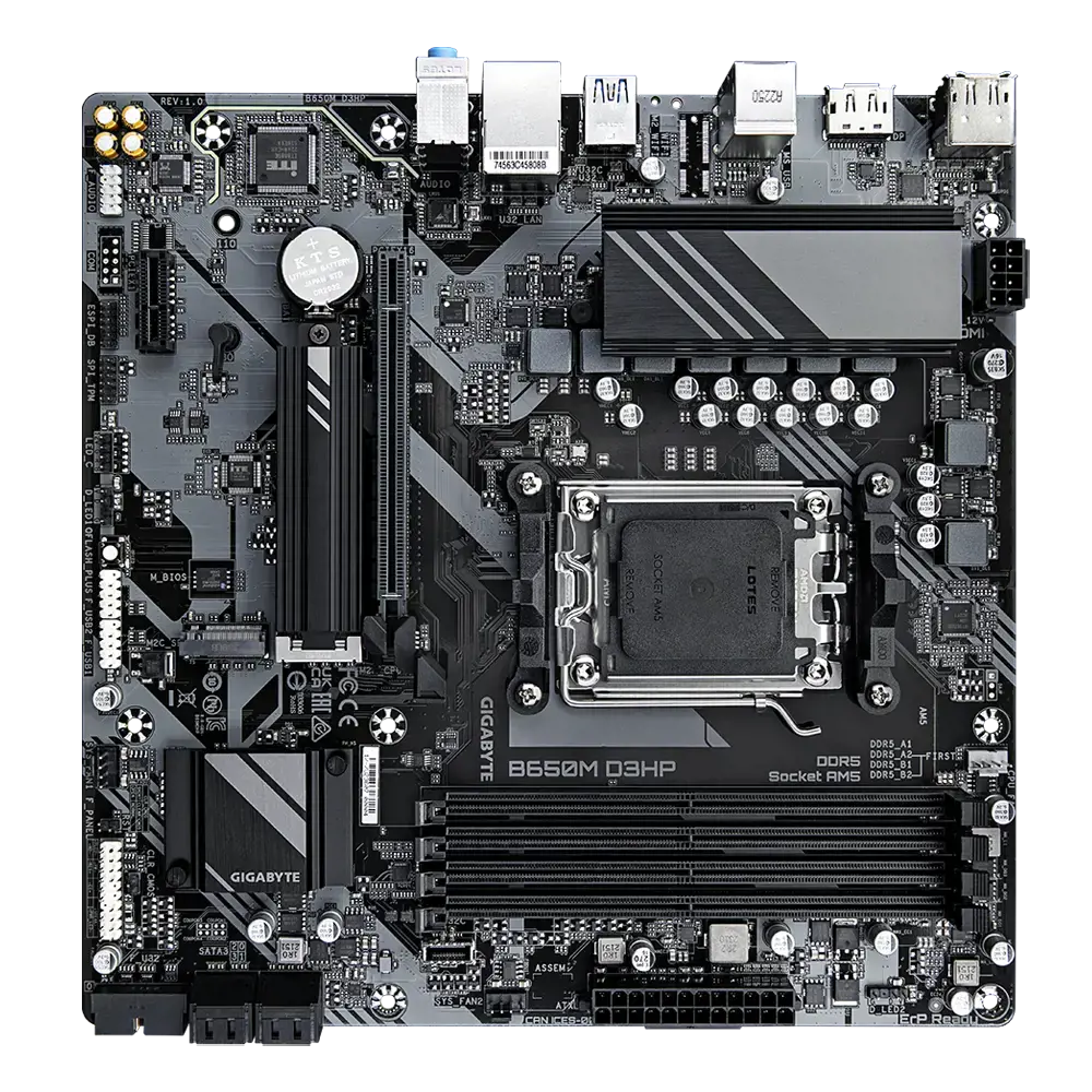 "Gigabyte B650M D3HP" (1.0 red.), AMD, "Socket AM5", "AMD Ryzen™ 5", "AMD Ryzen 7 7th Gen", "AMD Ryzen 9 7th Gen", "Socket AM5", DDR5-SDRAM, 192 GB