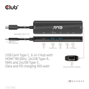 CLUB3D USB Gen1 Type-C, 6-in-1 Hub with HDMI 8K30Hz, 2xUSB Type-A, RJ45 and 2xUSB Type-C, Data and PD charging 100 watt, USB 3.2 Gen 1 (3.1 Gen 1) Type-C, HDMI, RJ-45, USB 3.2 Gen 1 (3.1 Gen 1) Type-A, USB 3.2 Gen 1 (3.1 Gen 1) Type-C, 5000 Mbit/s, 120 Hz, 7680 x 4320 pixels, Black