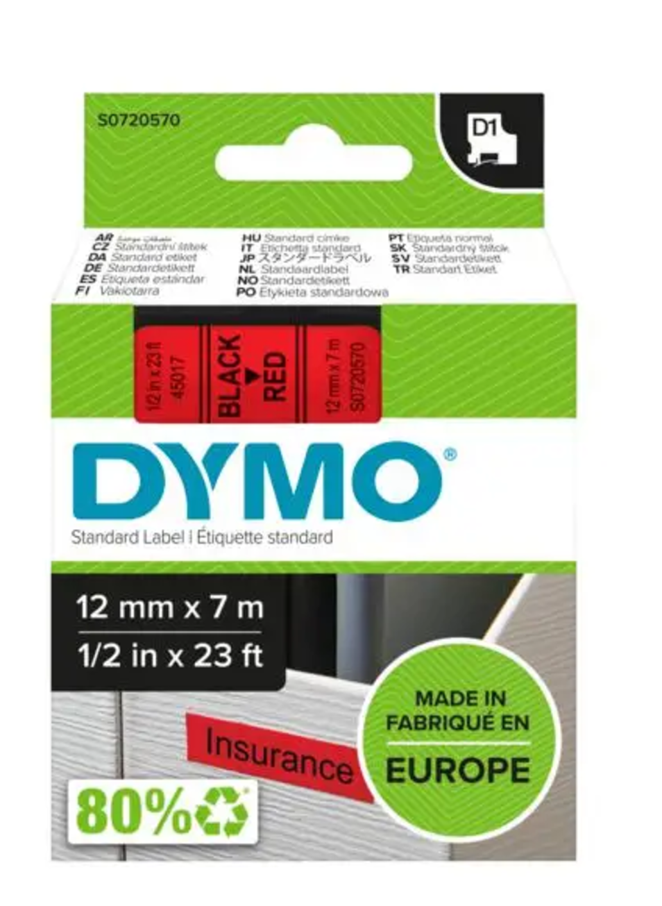DYMO Authentic D1 Labels | Black Print on Red Tape | 12 mm x 7 m | Self-Adhesive Labels for LabelManager Label Makers | Made in Europe, Black on red, Polyester, Belgium, -18 - 90 °C, DYMO, LabelManager, LabelWriter 450 DUO