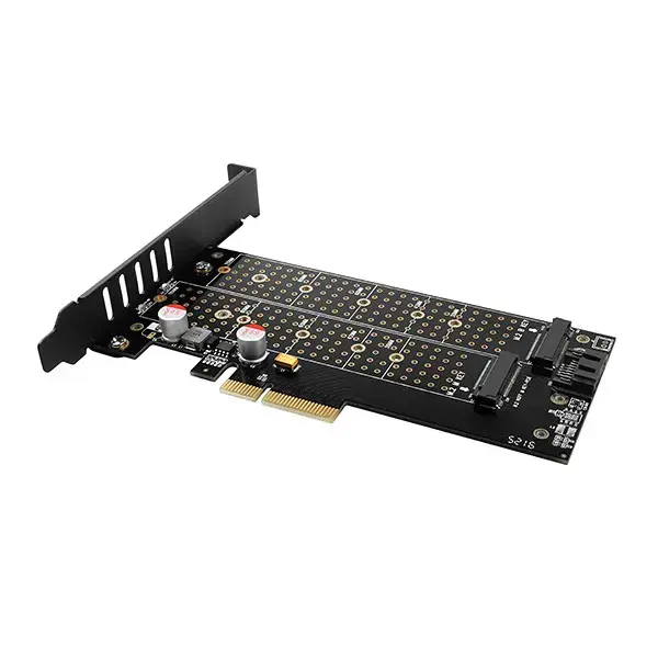 AXAGON PCEM2-DC PCI-E 3.0 4x - DUAL M.2 SSD (NVMe + SATA), dviguba įtampa, iki 110 mm SSD, ventiliatorius + radiatorius