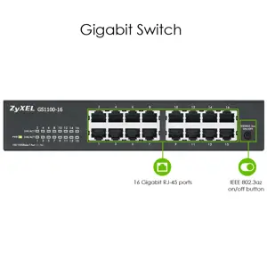 Zyxel GS1100-16, nevaldomas, Gigabit Ethernet (10/100/1000), montuojamas į stovą, montuojamas ant sienos