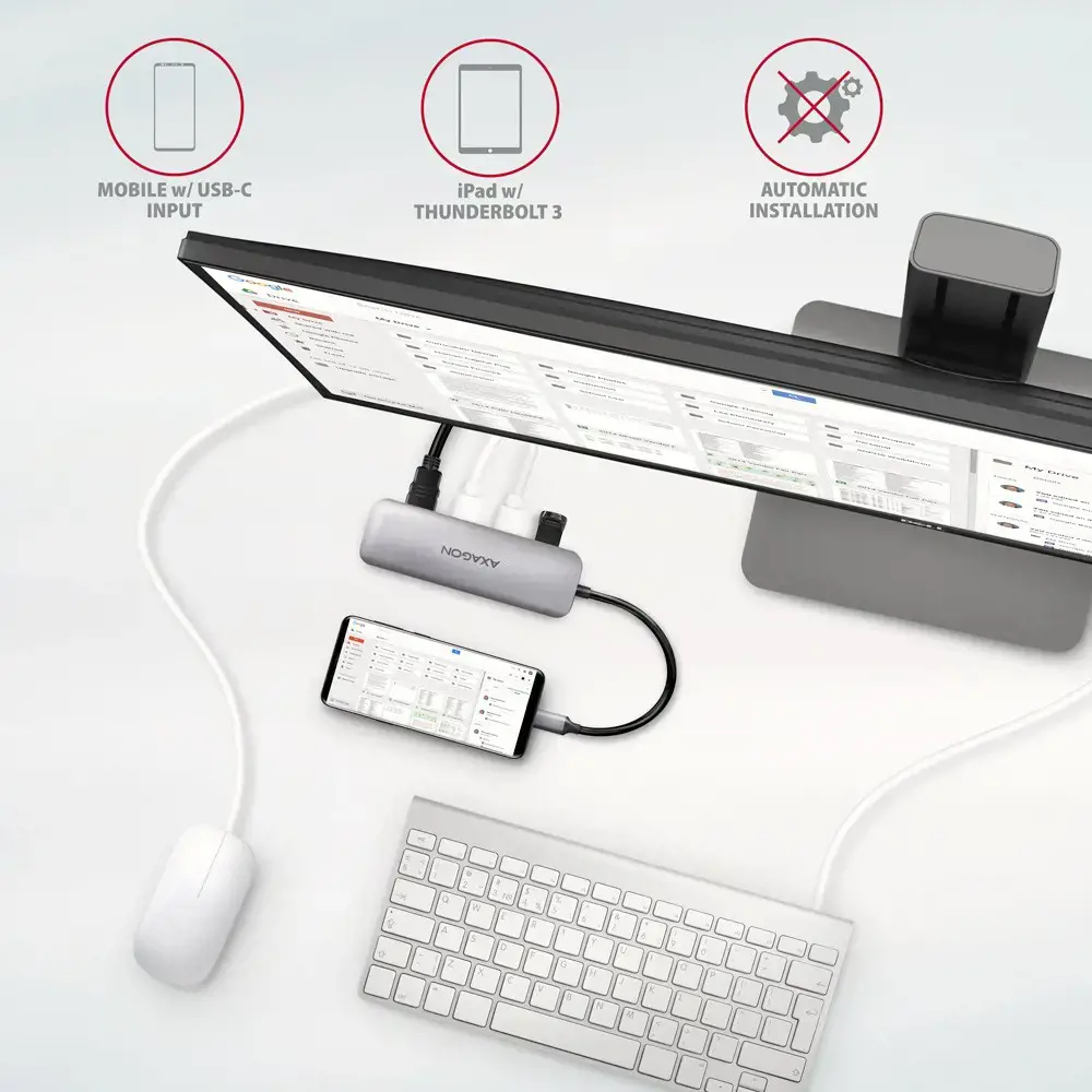 "Axagon" kelių prievadų USB 3.2 Gen 1 šakotuvas. HDMI, kortelių skaitytuvas ir trys USB-A išvestys. USB-C 20 cm ilgio kabelis.