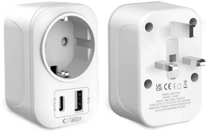 Tech-Protect travel adapter TA100 UK-EU, white