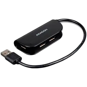 Patogus keturių prievadų USB 2.0 šakotuvas su nuolat prijungtu USB kabeliu. Juodos spalvos.