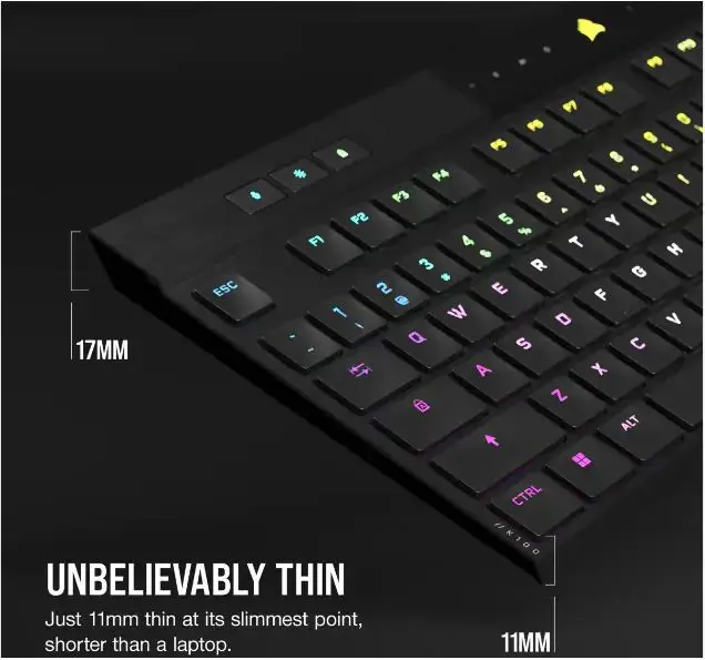 CORSAIR K100 RGB AIR belaidė itin plona mechaninė žaidimų klaviatūra su RGB LED apšvietimu CHERRY ULP Tactile Black