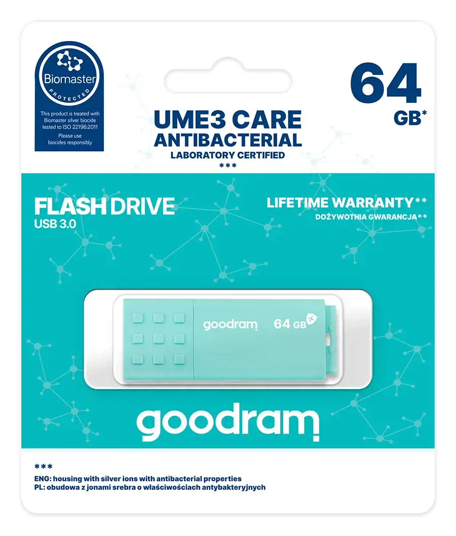 Goodram UME3, 64 GB, USB Type-A, 3.2 Gen 1 (3.1 Gen 1), 60 MB/s, Cap, Turquoise