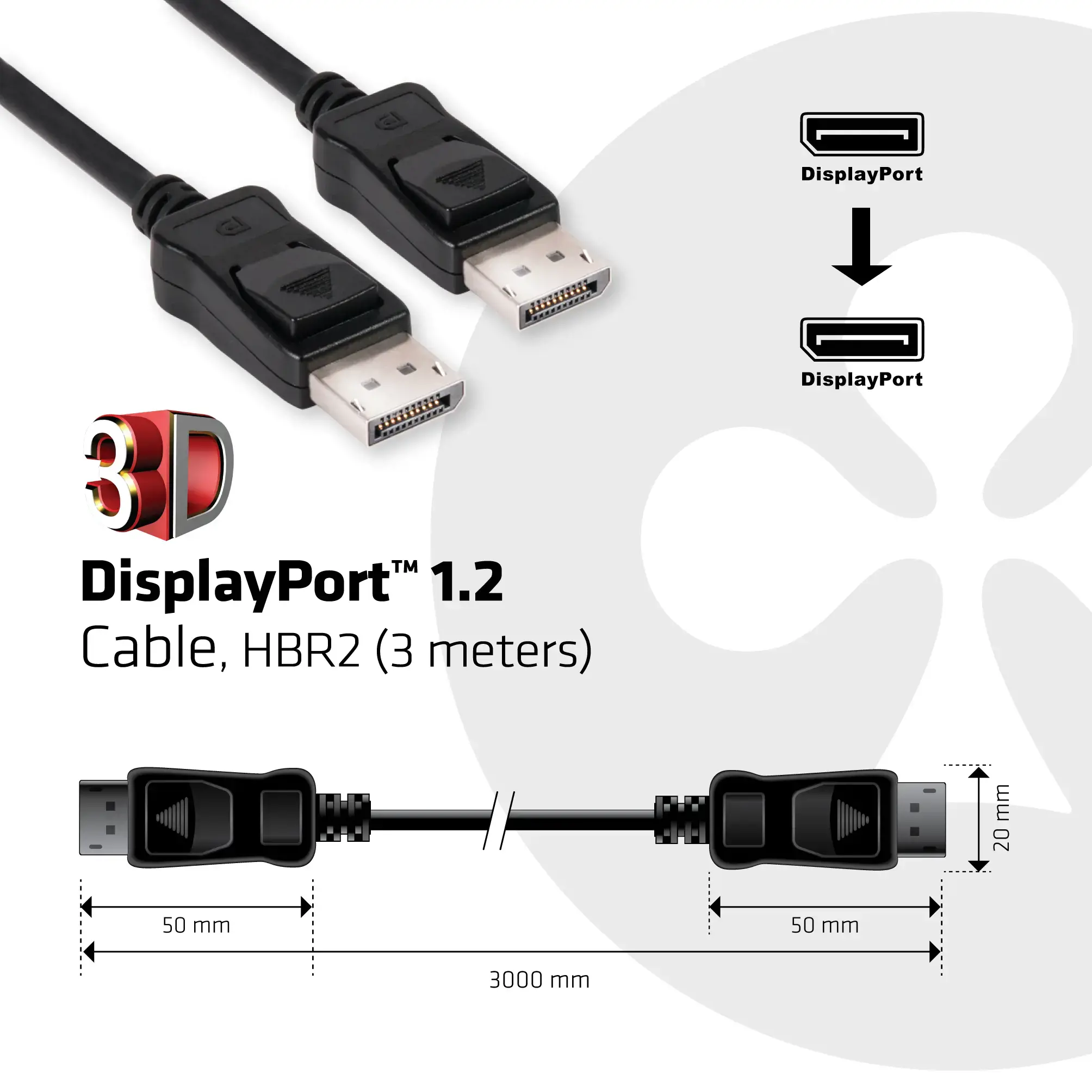 CLUB3D Displayport 1.2 Cable M/M 3Meter 4K60Hz 21.6Gbps, 3 m, DisplayPort, DisplayPort, Male, Male, 3840 x 2160 pixels