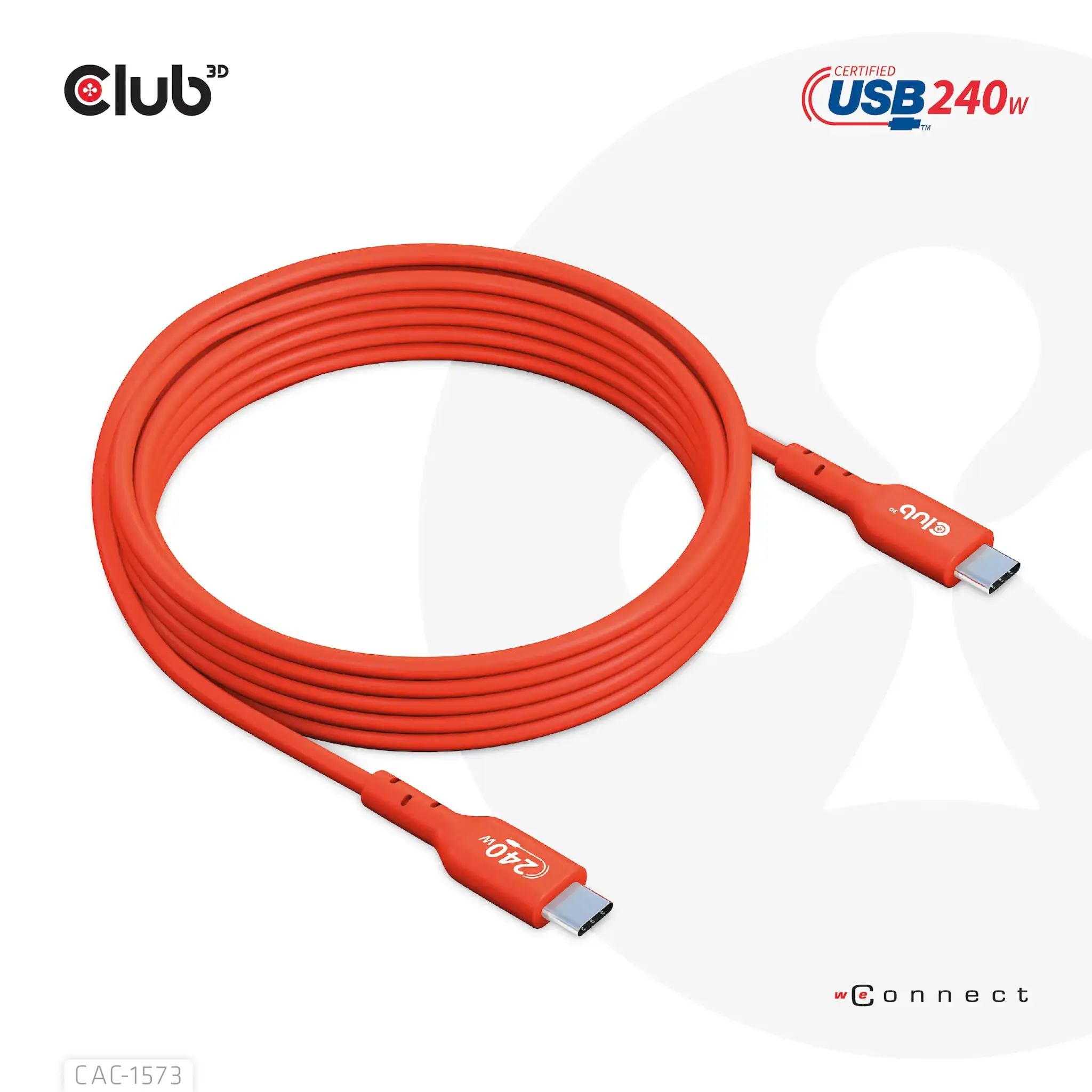 CLUB3D USB2 Type-C Bi-Directional Cable, Data 480Mb,PD 240W(48V/5A) EPR M/M 2m, 2 m, USB C, USB C, USB4 Gen 2x2, Red