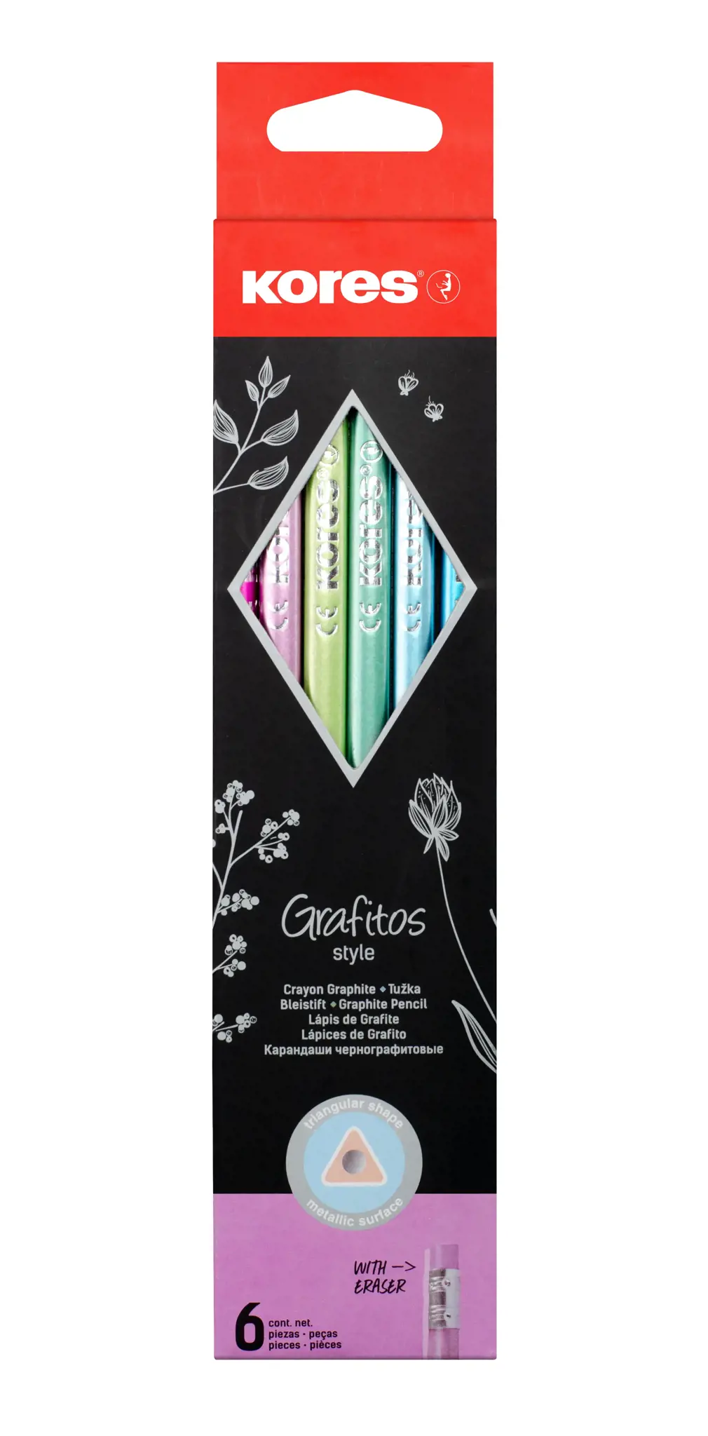 Grafitinių pieštukų rinkinys KORES GRAFITOS STYLE su trintuku, tribriauniai, HB, 6 metalizuotos spalvos