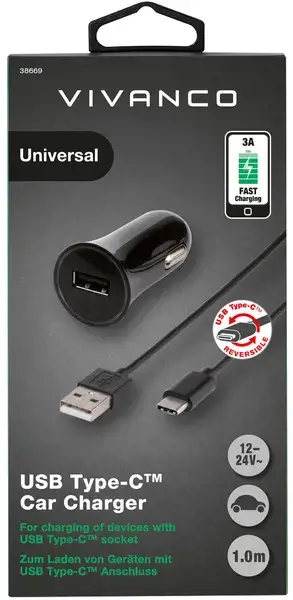 "Vivanco" automobilinis įkroviklis USB-C 3A 1 m, juodas (38669)
