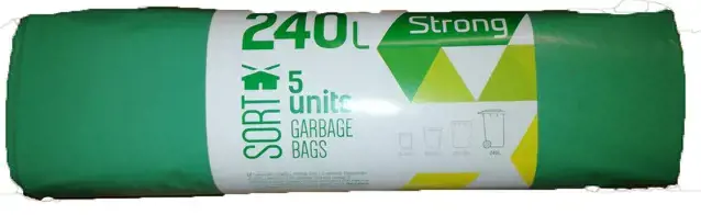 Šiukšlių maišai, LDPE, 240 l, 50 mk, 120 x 90 cm, tvirti, žali, 5 vnt.