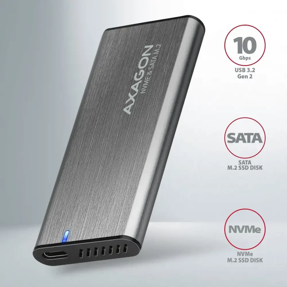 AXAGON EEM2-SG2 USB-C 3.2 Gen 2 - M.2 NVMe / SATA SSD 30-80 mm ALU dėžutė