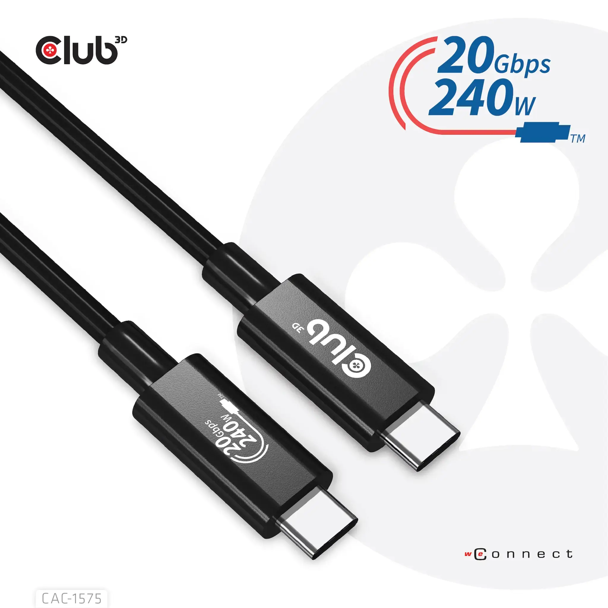 CLUB3D USB4 Gen2x2 Type-C Bi-Directional Cable 4K60Hz, Data 20Gbps, PD 240W(48V/5A) EPR M/M 2m, 2 m, USB C, USB C, USB4 Gen 2x2, 20000 Mbit/s, Black