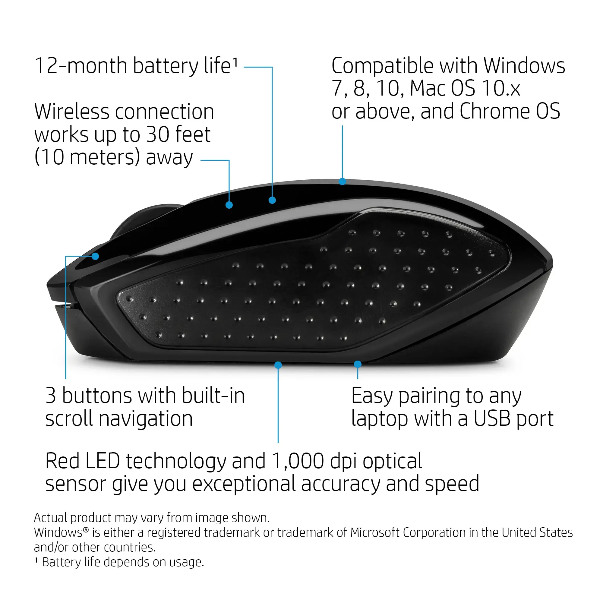 HP belaidė pelė 200, dvipusė, optinė, RF belaidė, 1000 DPI, juoda