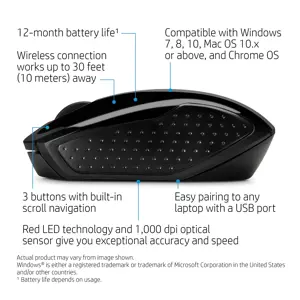 HP belaidė pelė 200, dvipusė, optinė, RF belaidė, 1000 DPI, juoda