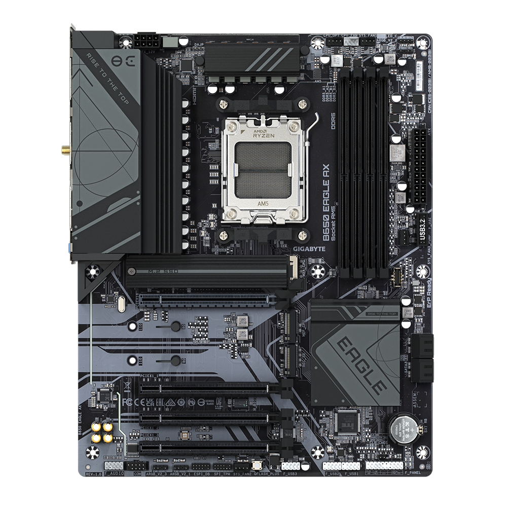 GIGABYTE B650 EAGLE AX Motherboard - Supports AMD Ryzen 7000 CPUs, 12+2+2 Phases Digital VRM, up to 7600MHz DDR5 (OC), 1xPCIe 5.0 + 2xPCIe 4.0 M.2, Wi-Fi 6E 802.11ax, GbE LAN, USB 3.2 Gen2, AMD, Socket AM5, AMD Ryzen™ 5, AMD Ryzen 7 7th Gen, AMD Ryzen 9 7th Gen, Socket AM5, 192 GB, DDR5-SDRAM