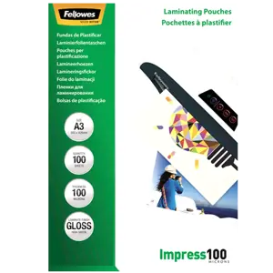 "Fellowes" A3 blizgus 100 mikronų laminavimo maišelis - 100 pakuočių, skaidrus, plastikinis, A3, 42…