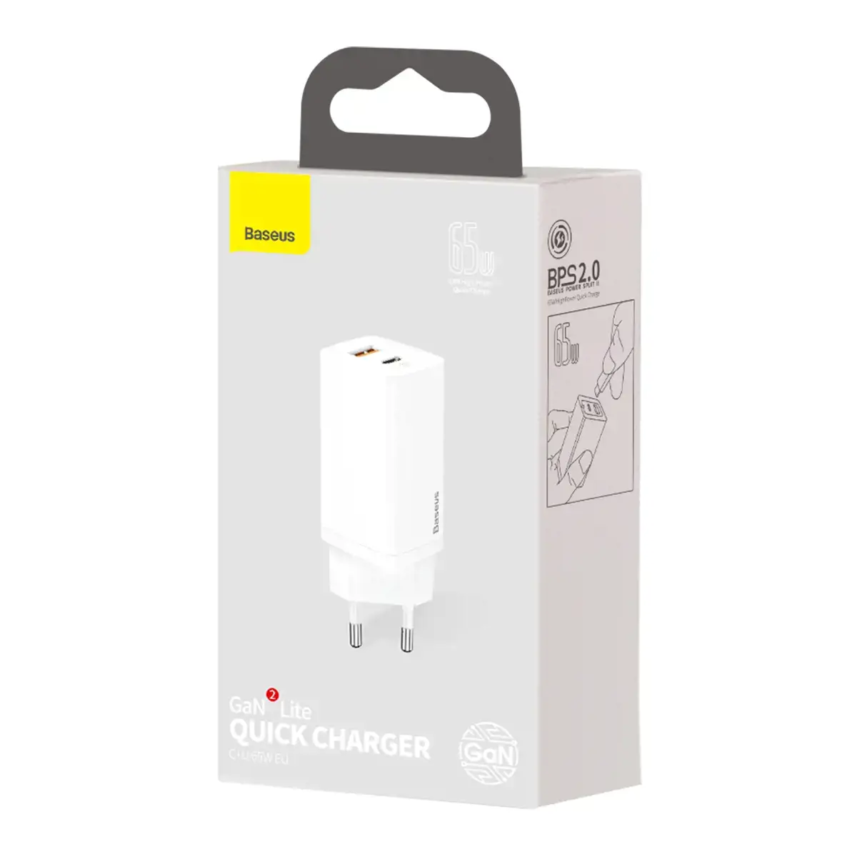 "Baseus GaN2 Lite" greitasis kelioninis įkroviklis USB+C 65W EU White (baltas)