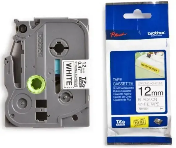 BROTHER TZE231 12mm8m balta/juoda kasetė P-touch 200/300/500series