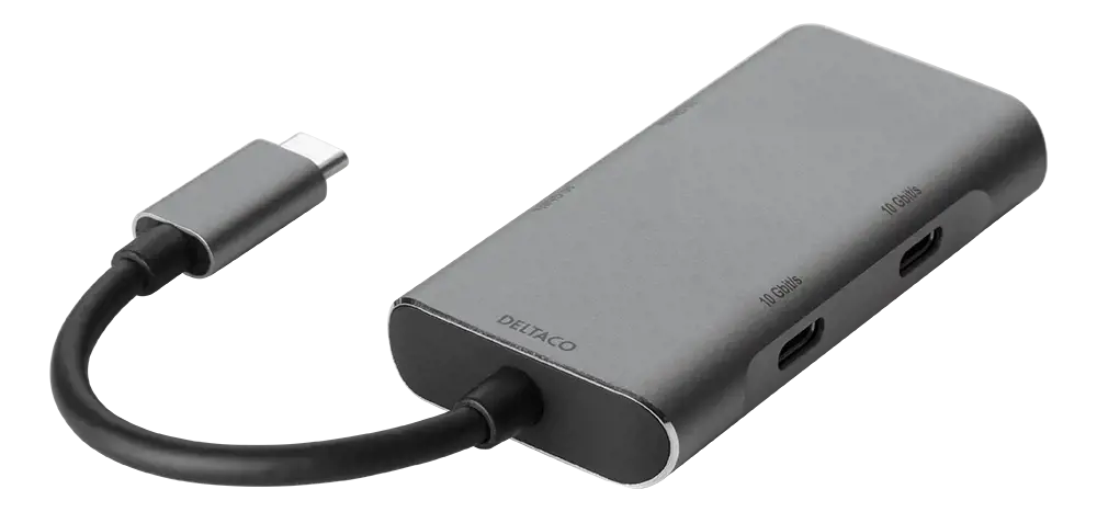 USB šakotuvas DELTACO USB-C ha - 2x USB-C ho ir 2x USB-A ho, 10 Gb / s, pilkas / USBC-HUB201