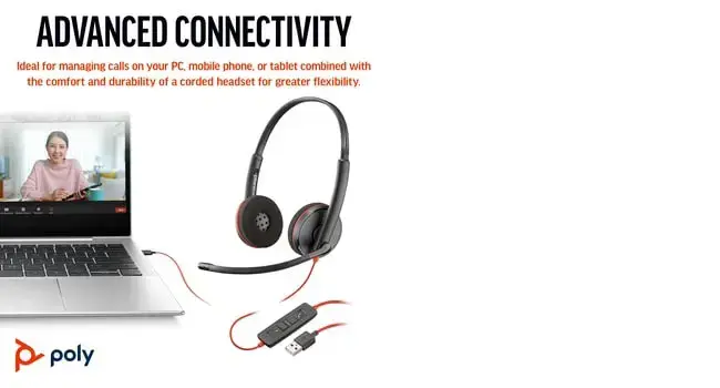 POLY Blackwire 3220 Stereo USB-C Headset +USB-C/A Adapter, Wired, Business/Everyday, 119 g, Headset, Black